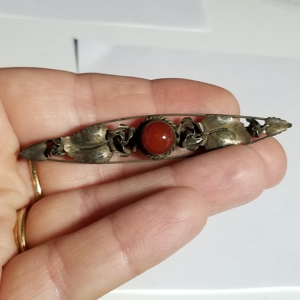 Antique bar pin arts and crafts style orange cabochon leaves - Picture 7 of 16